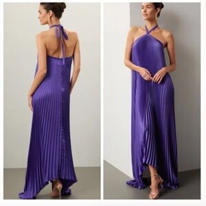 L'IDEE Deesse Purple Pleated Halter Maxi Dress Viola US 4